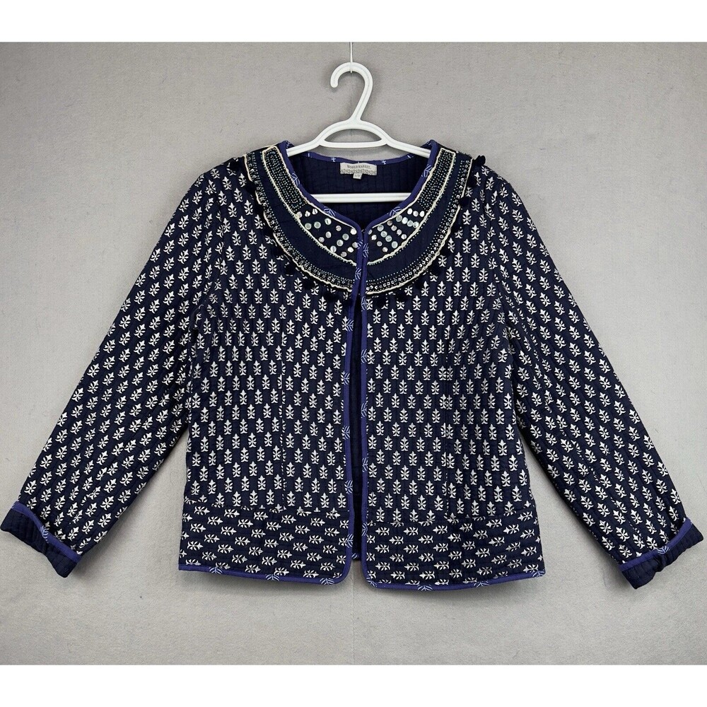 Quilted Jacket Women's S/M Blue Geometric Open Pompoms Sequins World Market